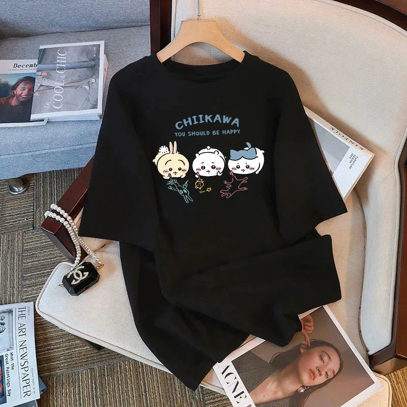 Chiikawa Cartoon Print 100% Cotton Short Sleeve Round Neck Women's T-shirt Trendy Summer Cute Loose Fashion Women's T-shirt