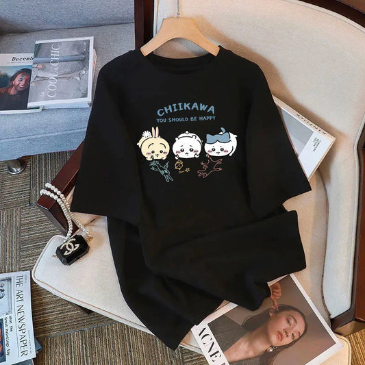Chiikawa Cartoon Print 100% Cotton Short Sleeve Round Neck Women's T-shirt Trendy Summer Cute Loose Fashion Women's T-shirt