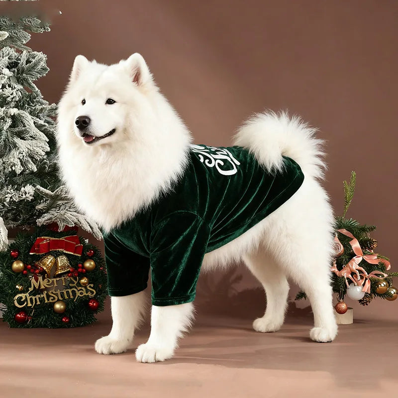 Christmas Velvet Dog Sweatshirt, “Merry Christmas” Print, Warm Soft Pullover, Red/Green, Sizes S–6XL for Small to Large Dogs