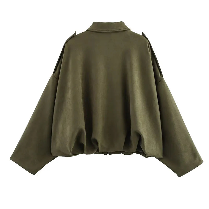 RAFZNB Women's Bomber Jackets Coats Fashion Turn-down Collar Long Sleeve Loose Coats Vintage Female Outerwear Chic Tops