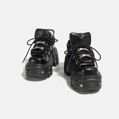 Gothic Dark Platform Thick Bottom Punk Metal Height-Increasing Leather Women's Small Rock Lace-up Rivet Shoes