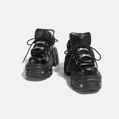 Gothic Dark Platform Thick Bottom Punk Metal Height-Increasing Leather Women's Small Rock Lace-up Rivet Shoes