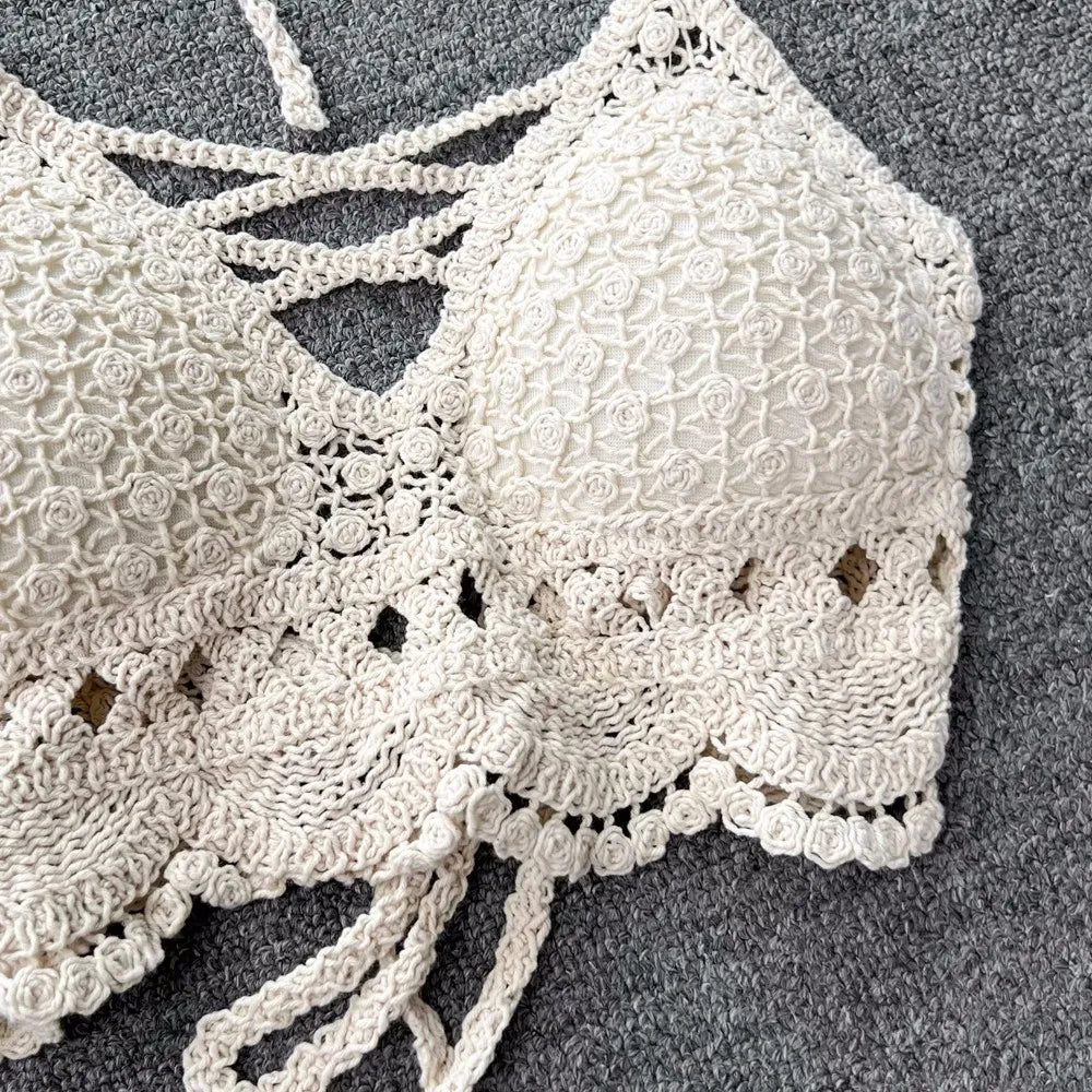 SINGREINY Knit Two Piece Sets Women Summer Vacation Backless Camisole Elastic Waist Shorts Hollow Out Y2K Beach Style Suits