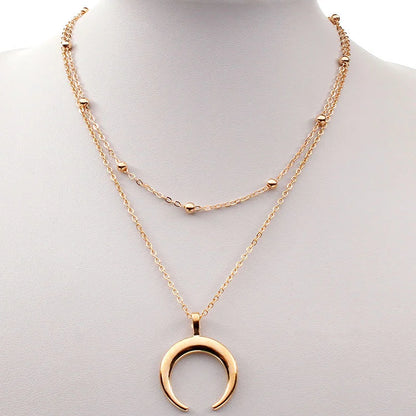 Gold Double Layer Moon Pendant Necklace – Trendy Gift