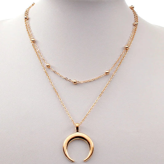 Gold Double Layer Moon Pendant Necklace – Trendy Gift