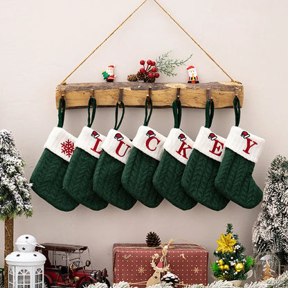 Green A-Z Letter Hanging Christmas Stockings Monogram Knitted Socks Fireplace Christmas Tree Hanging Party Decoration