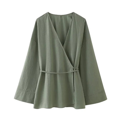 MUJER Kimono Woman Summer Long Sleeve Blouses For Women 2025 Vintage Y2k Top With Ties Loose Elegant And Youth Women's Blouses