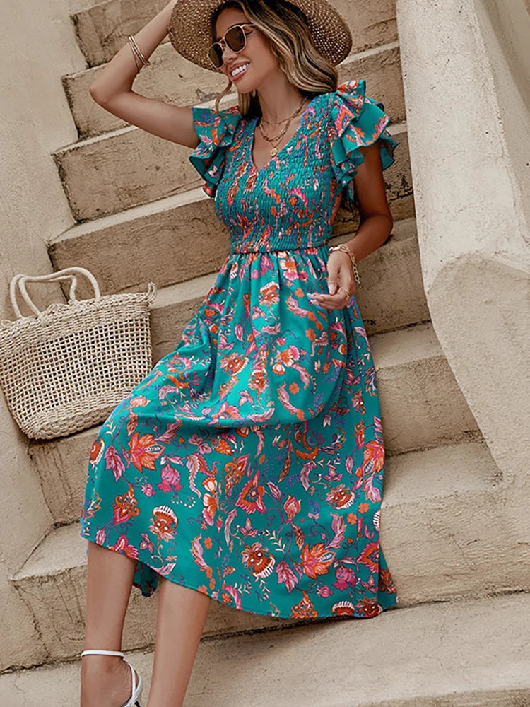 Summer Floral Print Midi Dress Women Fashion Slim Ruffle Sleeve Beach Dress Casual Elegant Green A-line New In Dresses