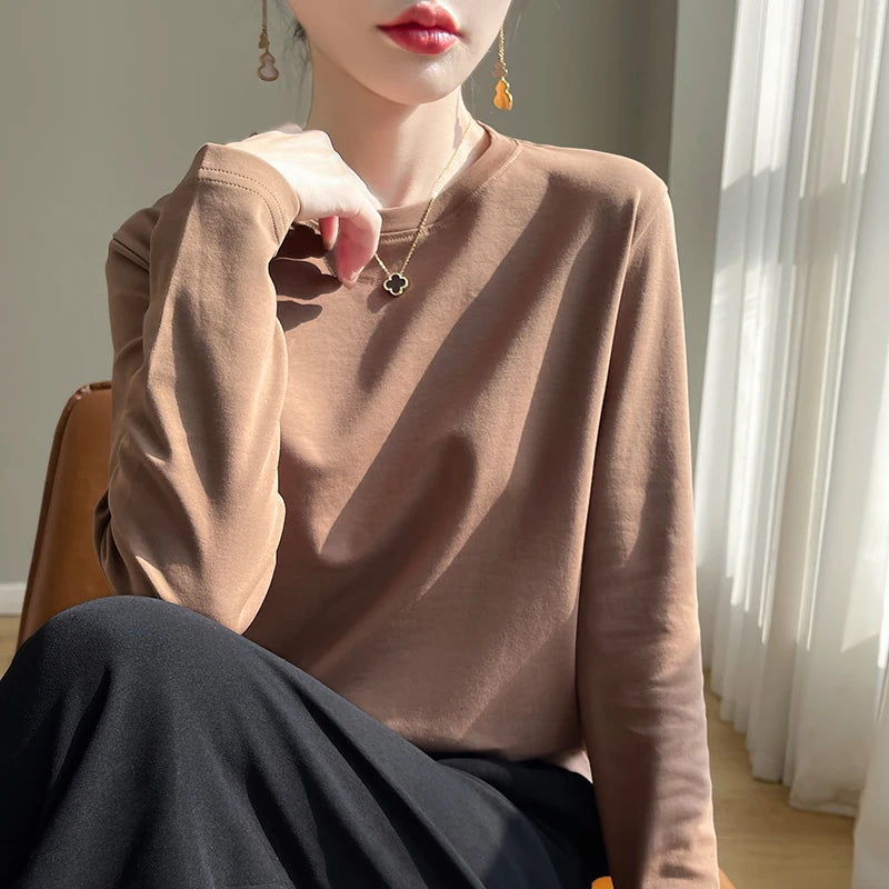 Spring Autumn 100% Cotton Long-Sleeved T-Shirt Women's Round Neck Mercerized Cotton Bottoming Shirt Loose Top