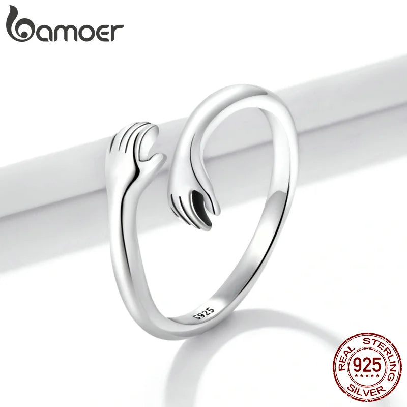 BAMOER 925 Sterling Silver Hug Open Ring Warmth and Love Hand Adjustable for Women Party Jewelry, His Big Loving Family Gift