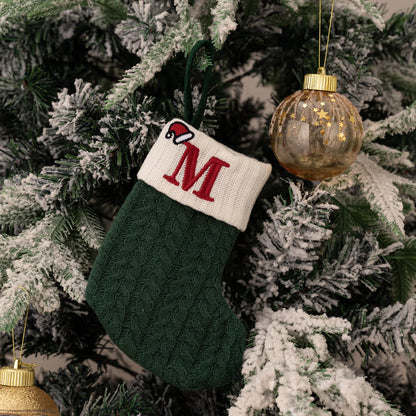 Green A-Z Letter Hanging Christmas Stockings Monogram Knitted Socks Fireplace Christmas Tree Hanging Party Decoration