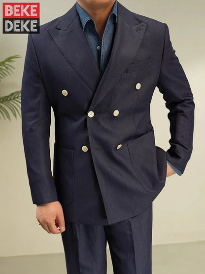 Italian Designer Mens Double Breasted Blazer Pants Two Piece Set Slim Fit Business Man Work Formal Set Groom Wedding Dress Suit
