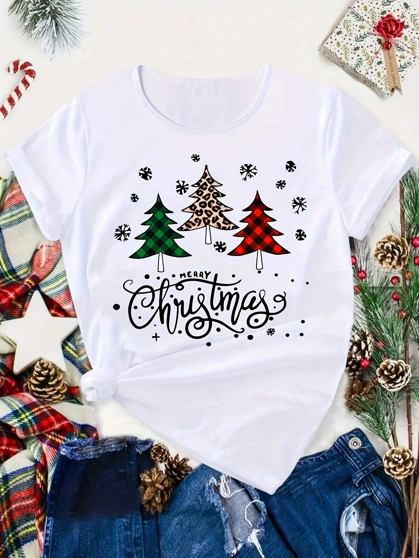Women's Christmas Tree Print T-shirt Short Sleeve Round Neck Top for Summer Women's Clothing Harajuku Short Sleeve Casual