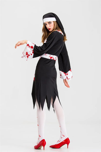 Halloween Costume for Women Nun Costume Cosplay Costumes Vampire Demon Costume Cross Print Long Dress Party Clothes