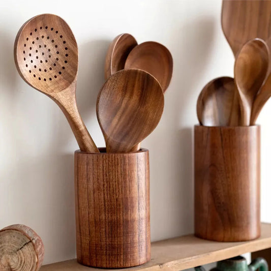 Wooden Kitchenware Cooking Utensils Set Non-stick Cookware Spatula Shovel Natural Teak Wooden Kitchen Cooking Tool Set 2025