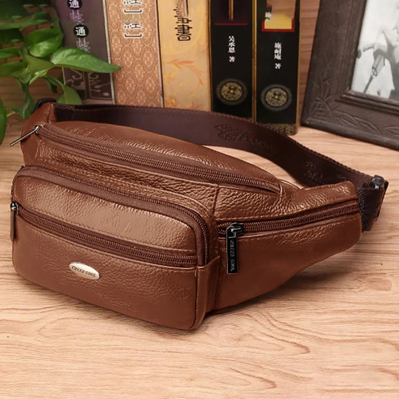 Genuine Leather Men Waist Fanny Pack Bags Sling Chest Pocket Pouch Travel Hiking Male Real Cowhide Loop Hip Belt Bum Bag