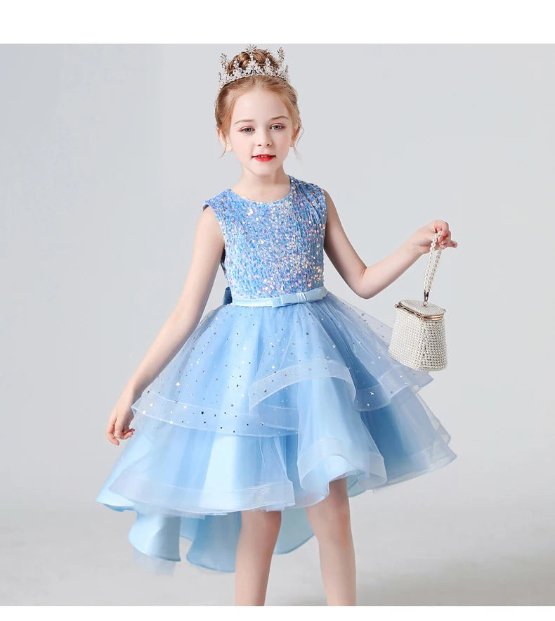 2023 Hot style Summer Sequin Lace Tuxedo Wedding Dress for girls 3-13 years old Sleeveless fluffy Mesh gauze Doveark brand