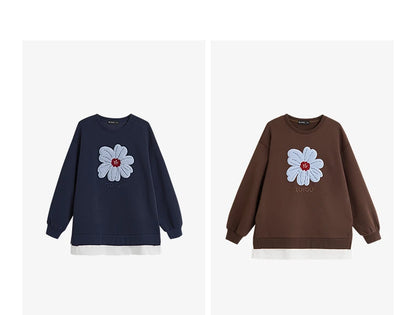 TOYOUTH Women Hoodies Sweatshirt 2025 Autumn New Plush Flower Printed Contrasting Color Splicing Fake Two Piece Cotton Pullover