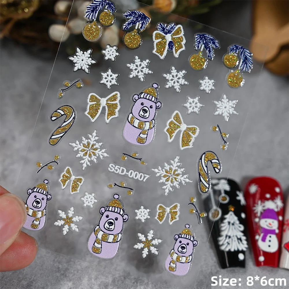Cute Deer Christmas Nail Stickers 5D Embossed Elk Star Gingerbread Man Snowflake Santa Claus Holly DIY Winter Engraved Manicure*