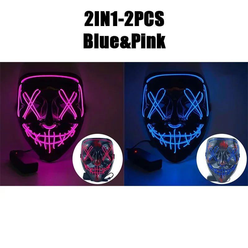 LED Halloween Mask Glow in The Dark Scary Terror Face Cover Bright Scream Light Up Costume for Men Carnival Party