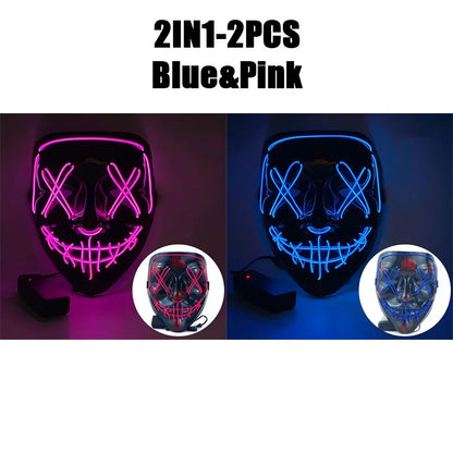 LED Halloween Mask Glow in The Dark Scary Terror Face Cover Bright Scream Light Up Costume for Men Carnival Party