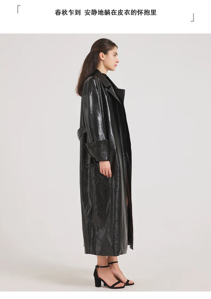 Lautaro Spring Autumn Extra Long Burgundy Pu Leather Trench Coat for Women with Belt Elegant Luxury Designer Maxi Overcoat 2024