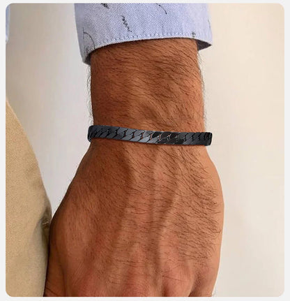 Vnox Gothic Black Cuban Chain Bracelets for Men, Stainless Steel Flat Miami Curb Links Wristband, Simple Metal Jewelry