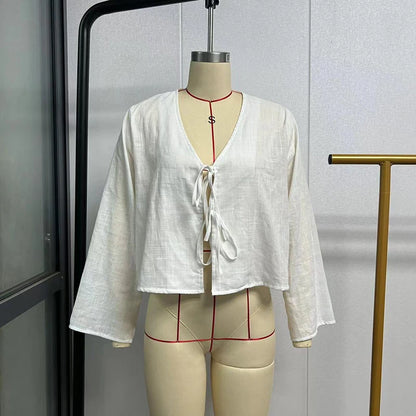 Spring 2025 V-Neck Lace-Up Linen Blouse – Casual Loose Fit