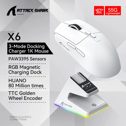 ATTACK SHARK X6 Mouse,PAW3395 Bluetooth Tri-Mode Connection,RGB Touch Magnetic Charging Base,Macro Gaming Mouse