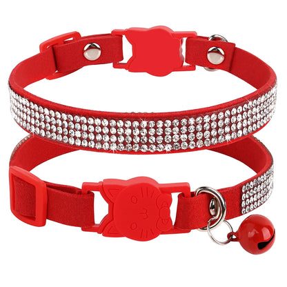 Bling Suede Cat Collar – Rhinestone Bell, Soft & Safe