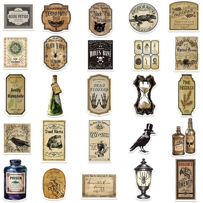 10/50/100pcs Halloween Vintage Potion  Bottle Labels Stickers Retro Horror Gothic Decals Suitcase Scrapbooking Laptop Sticker
