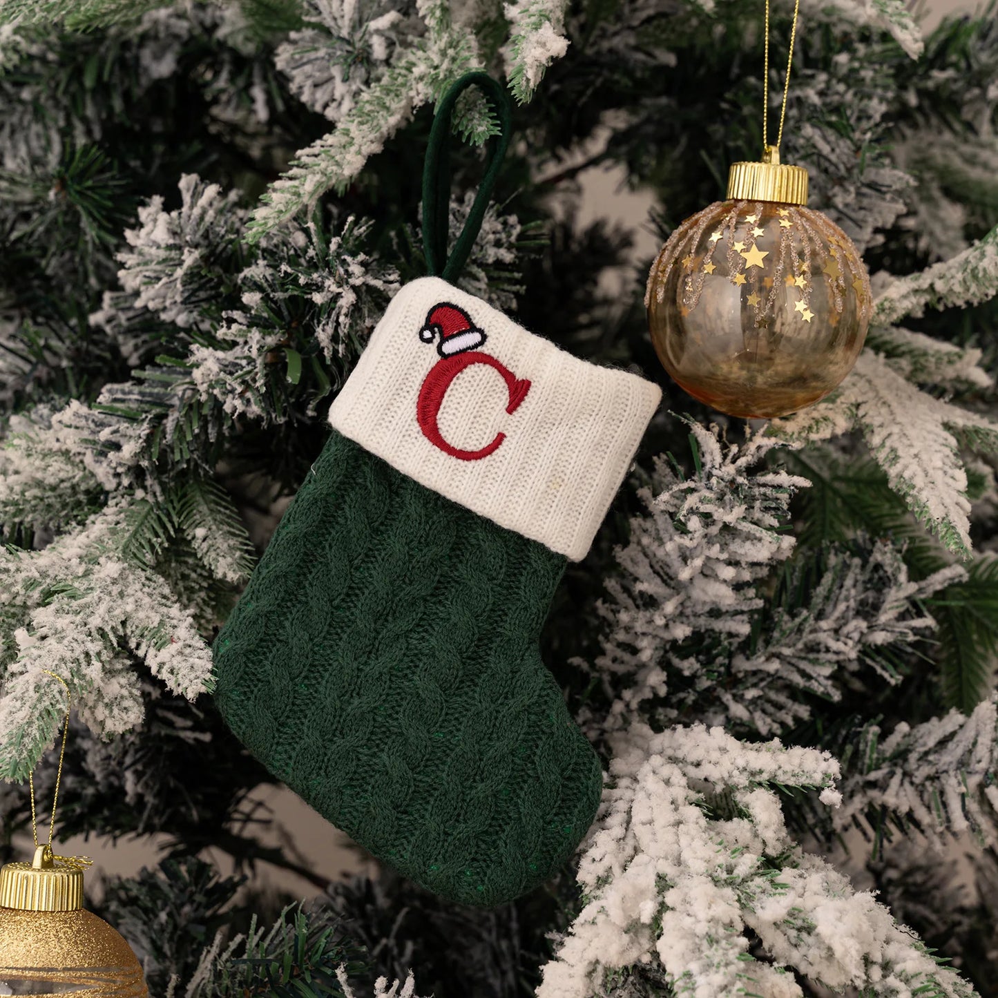 Green A-Z Letter Hanging Christmas Stockings Monogram Knitted Socks Fireplace Christmas Tree Hanging Party Decoration