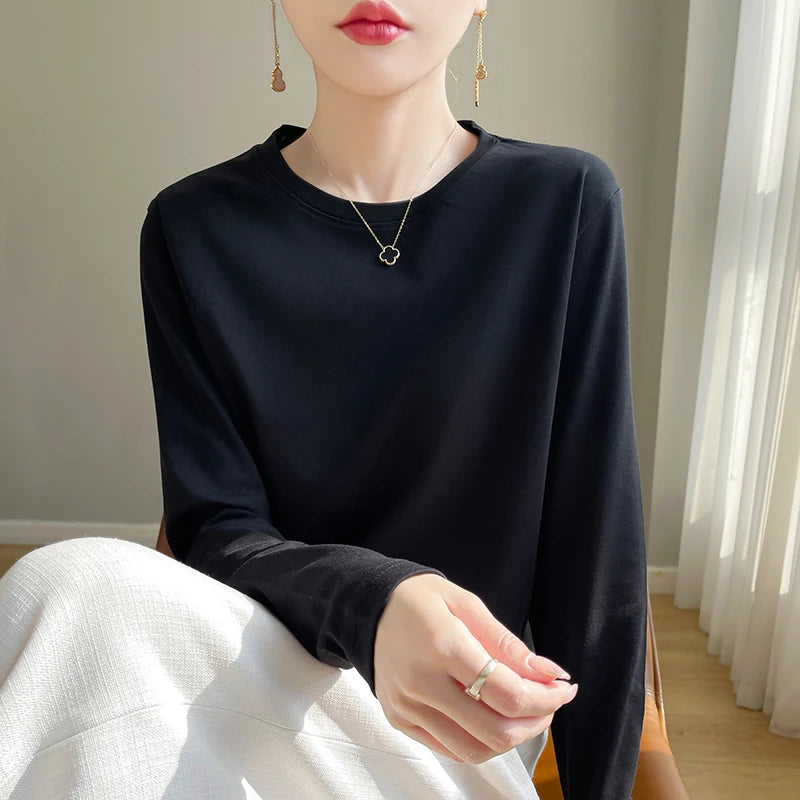 Spring Autumn 100% Cotton Long-Sleeved T-Shirt Women's Round Neck Mercerized Cotton Bottoming Shirt Loose Top