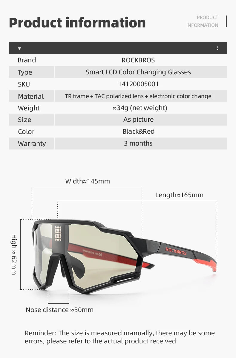 ROCKBROS Bicycle Sunglasses Polarized & Photochromic Electronic Color Change Cycling Glasses UV400 Bike Eyewear Sports Goggles