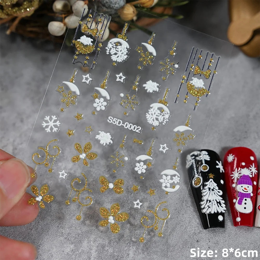 Cute Deer Christmas Nail Stickers 5D Embossed Elk Star Gingerbread Man Snowflake Santa Claus Holly DIY Winter Engraved Manicure*