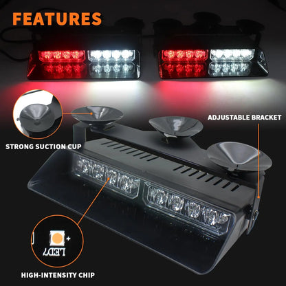 2 in 1 LED Emergency Strobe Lights for Vehicles Front/Rear Windshield with Suction Cups,Dash Deck Safety Flashing Hazard Warning