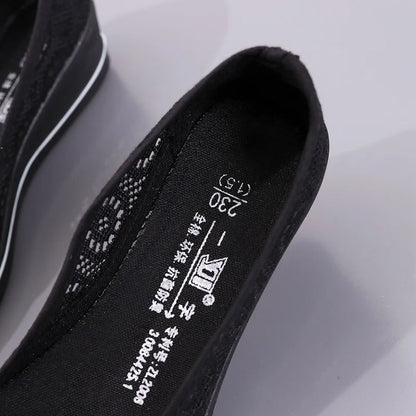 Women’s White Lace Breathable Slip-On Sneakers – Casual Summer Flats with Low Wedge Comfort Sole