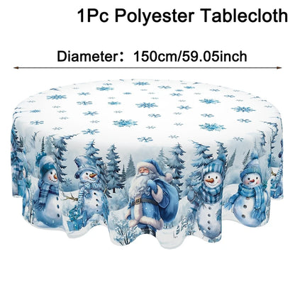 Blue Santa Claus Snowman Christmas Tablecloth Winter Wonderland Table Cover Christmas Decorations for Home 2025 Navidad Gifts