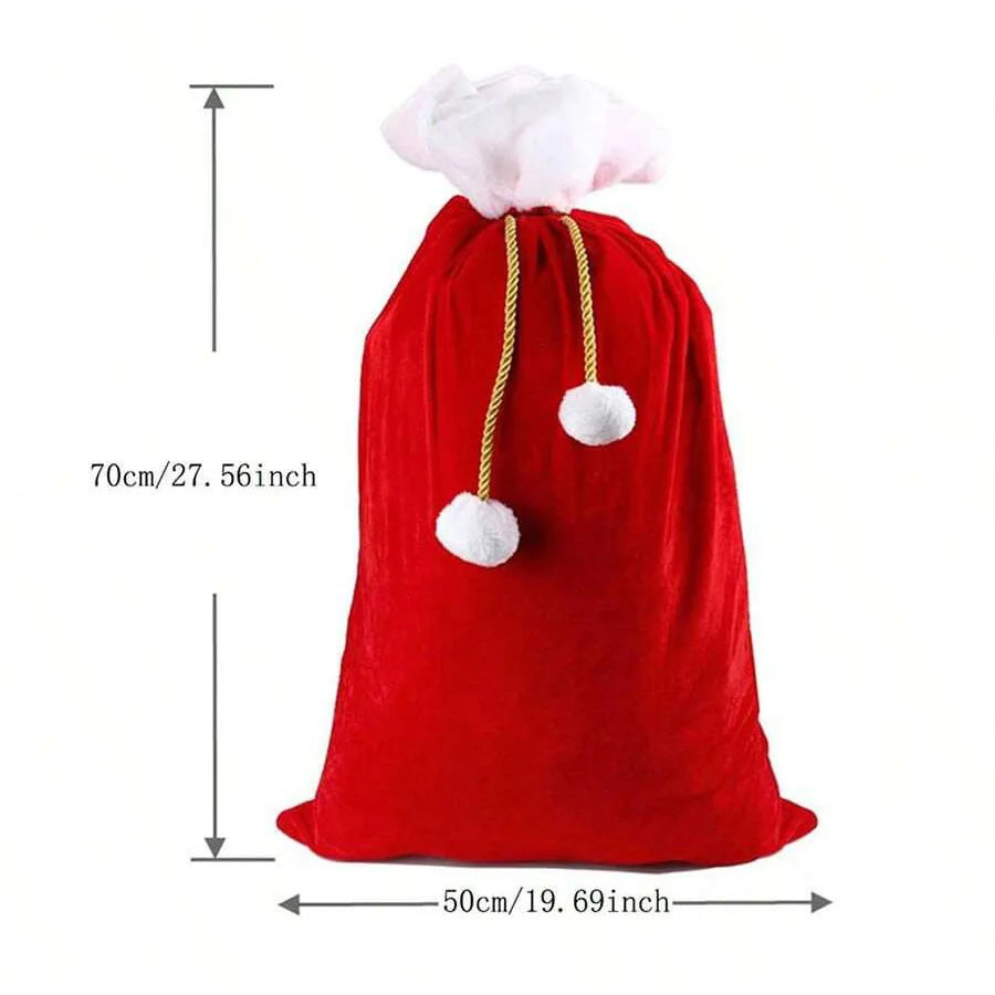 Large Red Velvet Christmas Bag with White Pompom , Fluffy Gift Storage Pouch for Presents, Festive Holiday Organizer Suitable