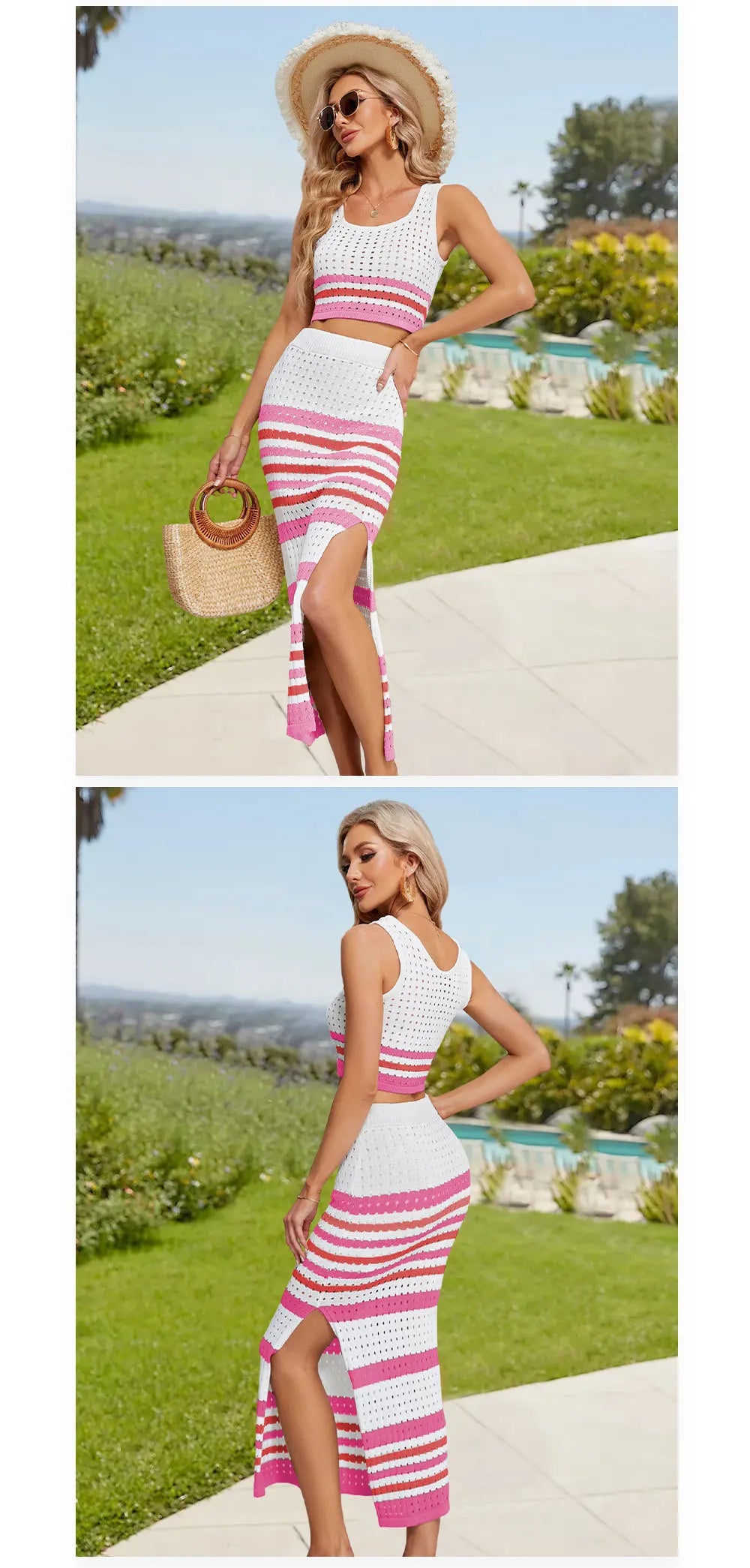 Women's Two-piece Striped Slim Slit Skirt And Sleeveless Crop Top Set Summer Knitted Hollow Dress