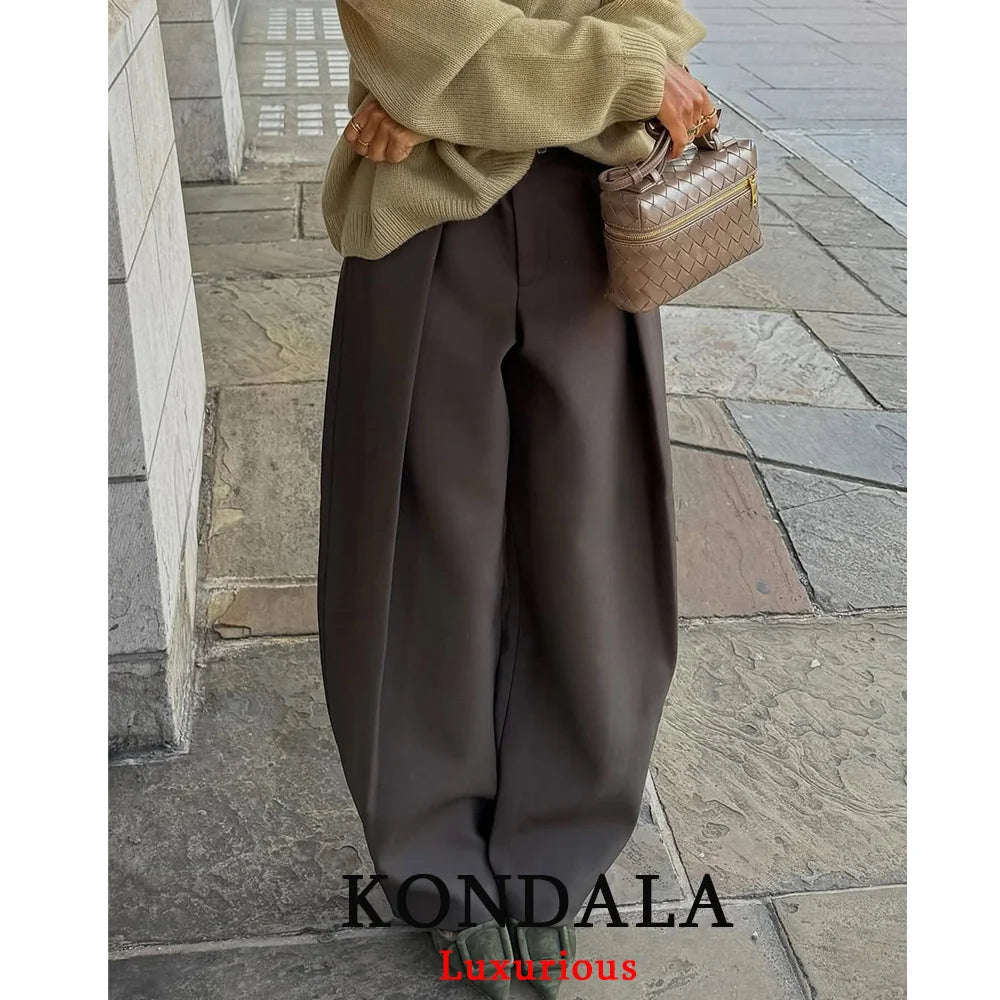 KONDALA Casual Chic Wide Leg Pants Women Office Lady Pockets Pleated Long Trousers Fashion 2026 Spring Summer Streetwear Pants