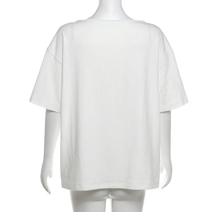 Casual Relax Woman T-shirt Letter 2025 Women Oversized One Shoulder Tops Versatile Street Atmosphere Style Fashionable Tops