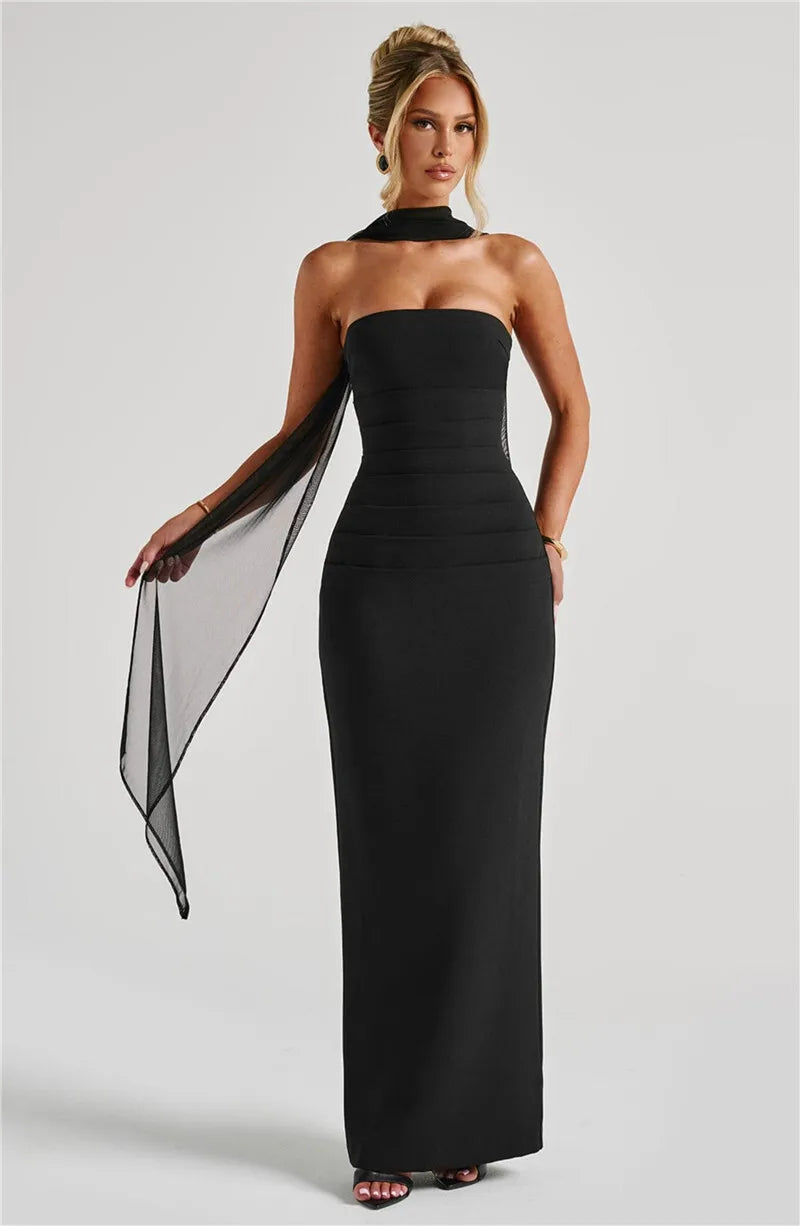 Mozision Scarf Collar Strapless Sexy Maxi Dress For Women Fashion Off-shoulder Backless Bodycon Club Party Long Dress Elegant