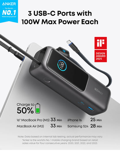 Anker 25000mAh Laptop Power Bank with 3x 100W USB-C Ports