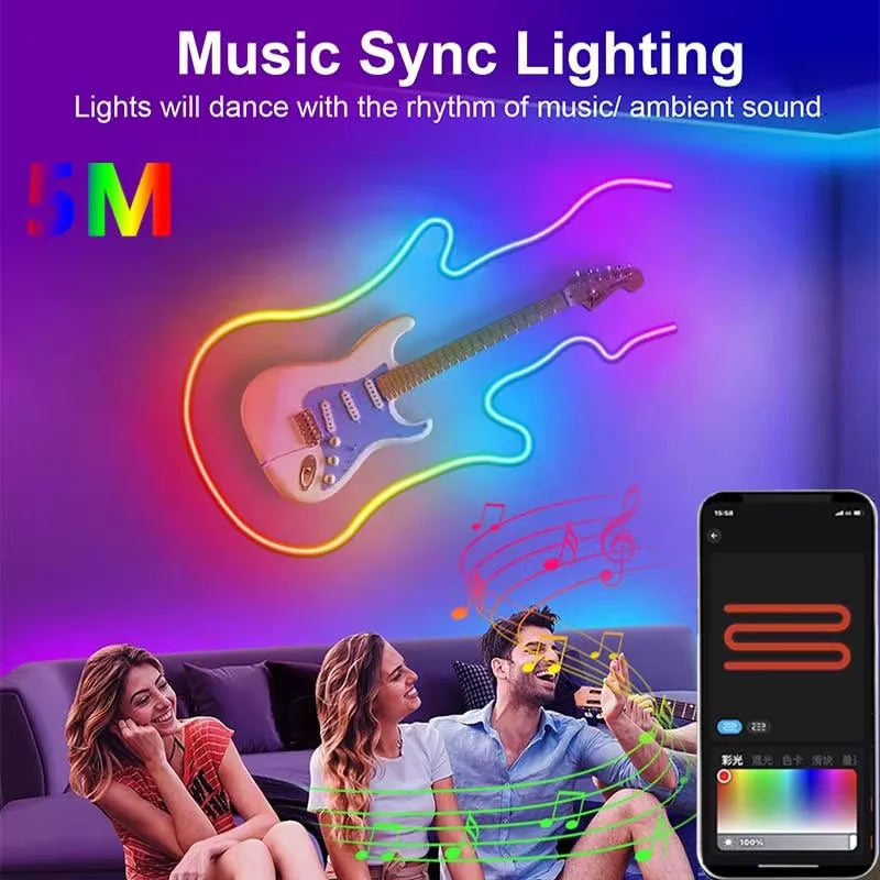 USB RGBIC Neon LED Strip Light – 5V, Waterproof, 1–5M, Bluetooth App & Remote Control for DIY Home Decor
