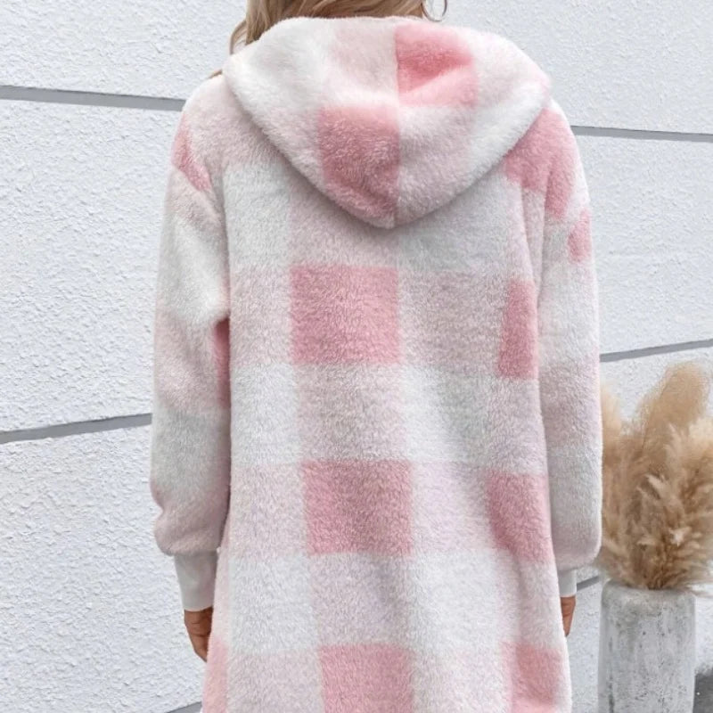 Women Autumn Winter Double Fleece Plaid Cardigan Soft Loose Long Sleeve Plush Warm Hooded Jacket Female Patchwork Outerwear Coat