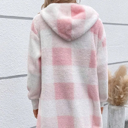 Women Autumn Winter Double Fleece Plaid Cardigan Soft Loose Long Sleeve Plush Warm Hooded Jacket Female Patchwork Outerwear Coat