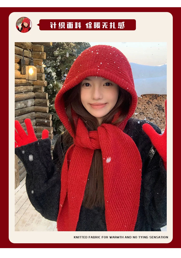 Korean Balaclava Bonnet Women Skullies Beanies Hat Scarf One-piece Thickened Warm Neck Protection Winter Accessories Knitted Law