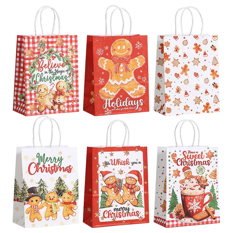 6/12/24pcs Merry Christmas Kraft paper Gift Tote Bags Packaging Child for Candy Snack Storage Pouch Birthday Party Favors