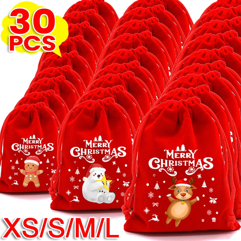 1/30pcs Christmas Gift Bags Red Velvet Drawstring Pouch Bulk Santa Candy Packaging Snack Wrapping Bag Wedding Party Favors Decor